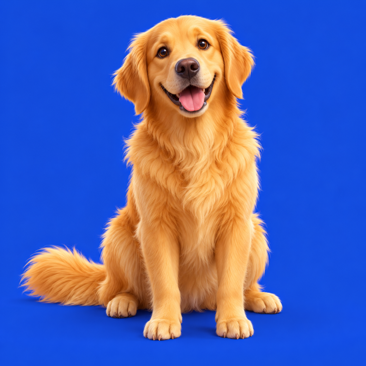 Un golden retriever felice, seduto con le orecchie morbide e la coda accanto alle zampe.